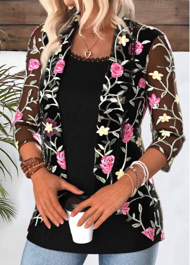 Modlily Black Floral Print 3/4 Sleeve Fake Two Piece Twinset - XXL