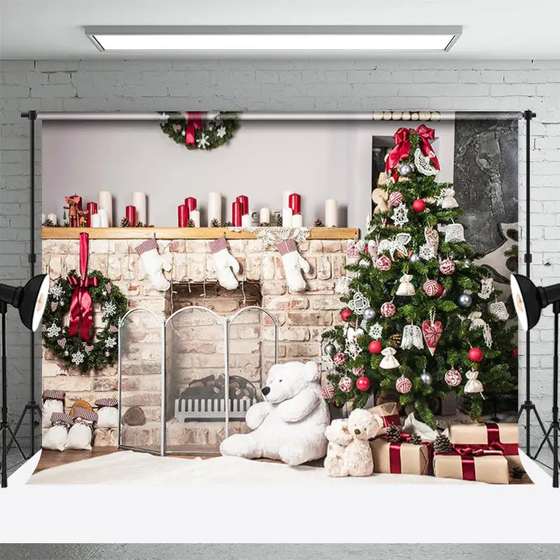 Christmas Tree Brick Fireplace Bear Wreath Backdrop - Aperturee