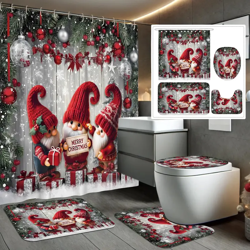 Christmas Themed Shower Curtain Set, 4 Counts/set Including Shower Curtain & Bath Mat & Toilet Mat & Cover Mat, Bathroom Deco...