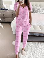 Women's Bow Print Tee & Pants Pyjama Two-piece Set, Casual Comfy Round Neck Short Sleeve T-shirt & Trousers Pj Set, Ladies Sl...