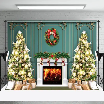 Aperturee Green Trees Wreath Fireplace Christmas Vibe Backdrop