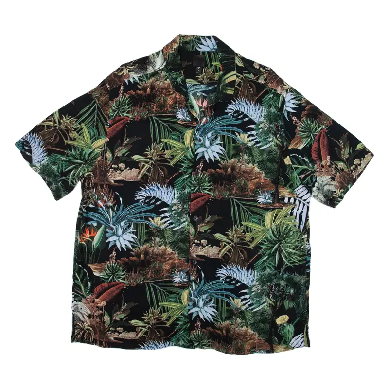 H&M Mens Hawaiian Shirt Green Floral XL