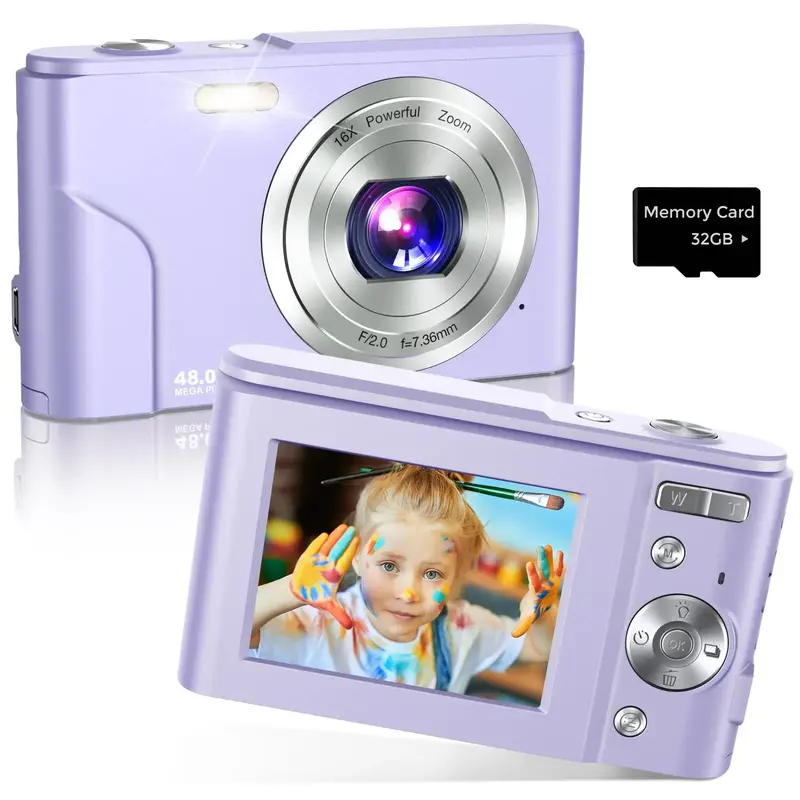 48MP 1080P Digital Camera, 1 Count 16X Digital Zoom Camera with 32G Memory Card, USB Rechargeable Auto Focus Camera, Point ...