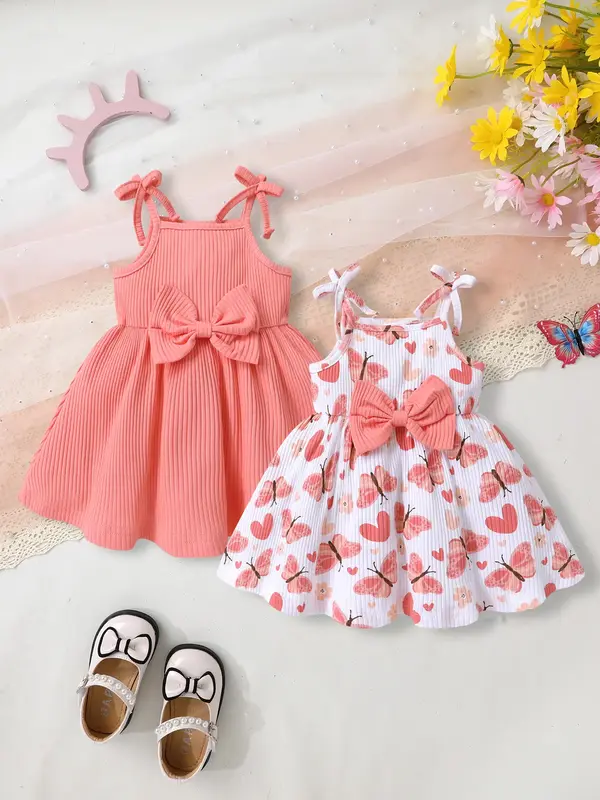 2-piece soft, comfortable and cute little girl bow decoration suspender princess dress set