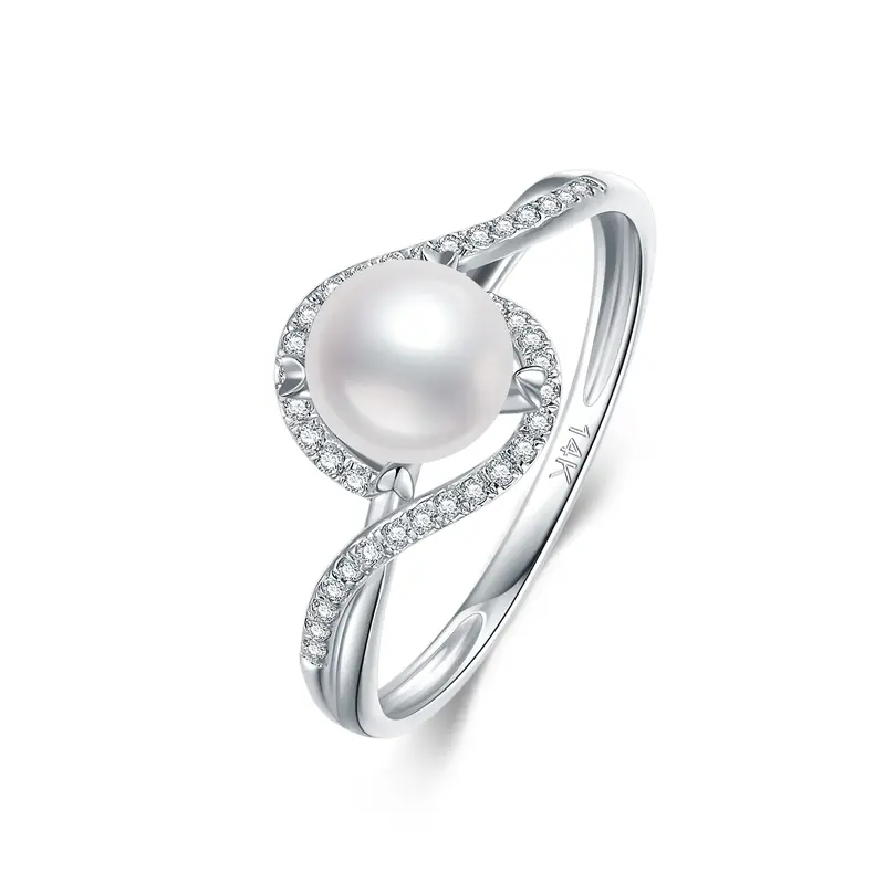 14K White Gold Round Shaped Diamond & Pearl Custom Wedding Ring 3EX IGI Certified
