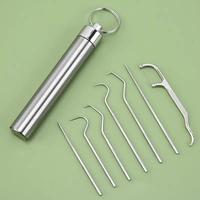 Stainless Steel Toothpick Pocket Set, 7 Counts Portable Dental Floss Pick, Teeth Cleaning Kit Keychain Design, Metal Toothpic...