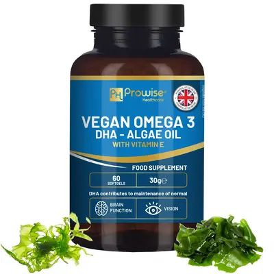 Prowise Vegan Omega-3 DHA from Algae Oil | 60 Softgels with Vitamin E | 400mg DHA + 10mg Vitamin E | 100% Plant-Based | Suppo...