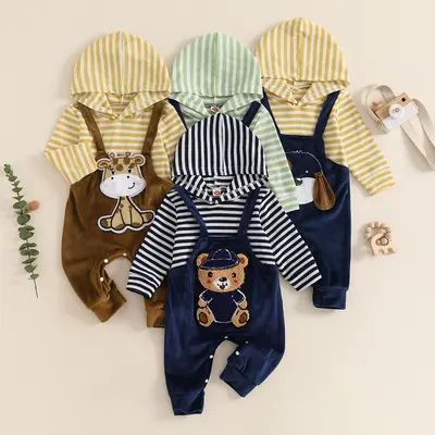 Baby Boy Hooded Romper For Newborn Casual Bear Embroidery Striped Long Sleeve Sweatshirt Jumpsuit for Infant Toddler Fall Out...