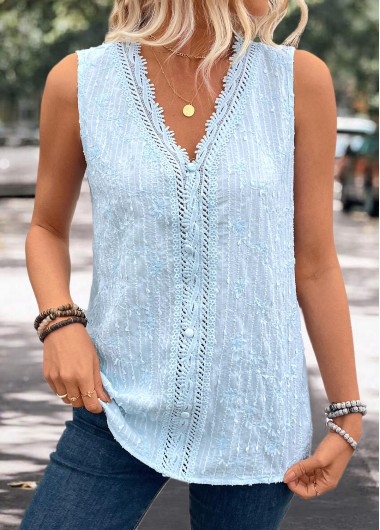 Modlily Light Blue Embroidery Sleeveless V Neck Tank Top - S