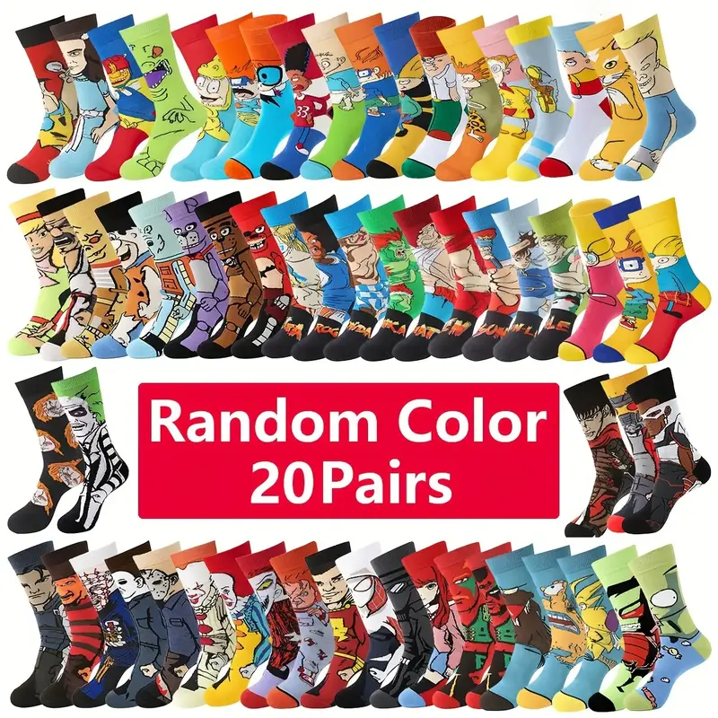 20 Pairs Of Men's Trendy Cartoon Anime Pattern Crew Socks, Breathable Comfy Casual Socks for Men's Outdoor Wearing All Season...