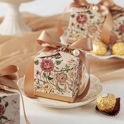 Flower Printed Paper Candy Gift Packaging Boxes with Ribbon