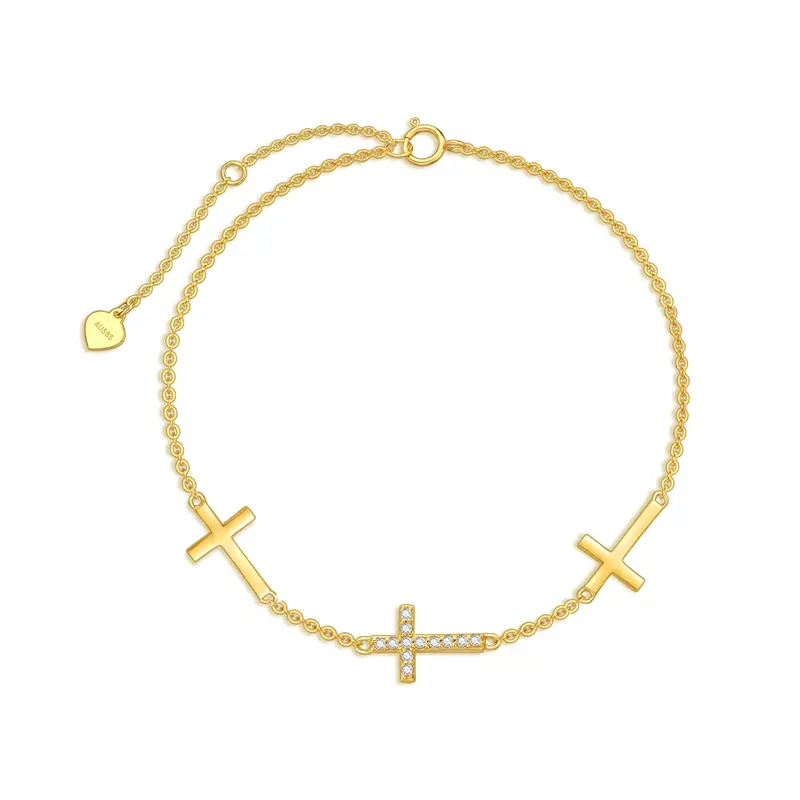 14K Gold Circular Shaped Diamond Cross Single Layer Anklet
