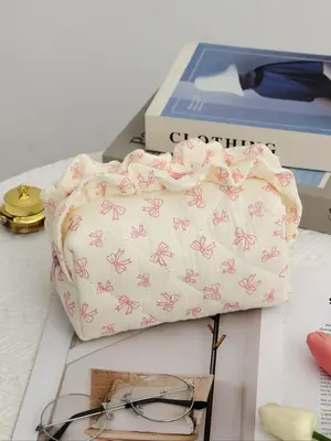 All Over Bow Pattern Makeup Bag, Large Capacity Makeup Brushes Storage Bag, Zipper Makeup Organizer Pouch, Versatile Storage ...