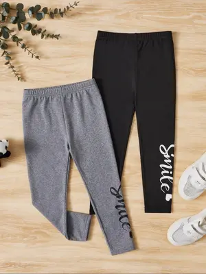 Toddler Girl's Heart & Letter Print Leggings, Casual Elastic Waist Skinny Pants, Kid's Bottoms for Summer Daily Wear