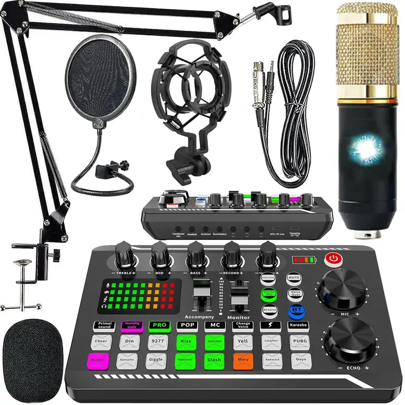 Podcast Microphone Bundle, Condenser Mic with Live Sound Card Kit, Podcast Equipment Bundle with Voice Changer and Mixer Func...