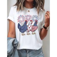 4th of july womens patriotic t american flag chicken fireworks print round neck sleeve tee machine washable casual top for ce...