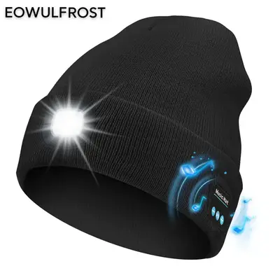 Acrylic Knit Beanie with USB Rechargeable Headlamp & Wireless Headphones, Elastic Lightweight Music Hat with Built-in Speaker...