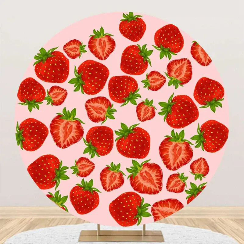 Pink Red Cut Strawberry Round Backdrop For Birthday - Aperturee