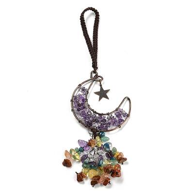 Wire Wrapped Brass Moon & Natural Amethyst Pendant Decoration
