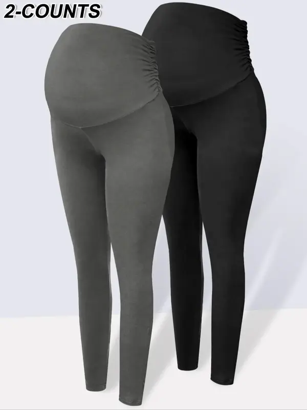 Maternity Solid Color Ruched High Waist Maternity Leggings, Casual Comfy Breathable Skinny Pants for Pregnancy & Postpartum, ...