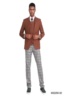 Vest & Jacket Tazio Men's Skinny Fit 3 Piece Plaid Suit Pants Vest & Jacket