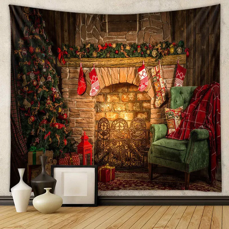Aperturee Vintage Fireplace Green Sofa Christmas Backdrop