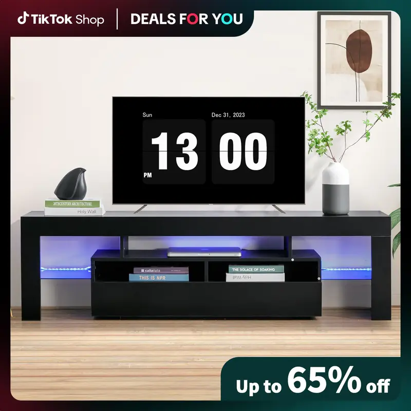 [Dealsforyoudays]EBELLO Upgraded Black TV Stand for 70 Inch TV with Adjustable Glass Shelves, Enhanced LED Ambient Lighting &...