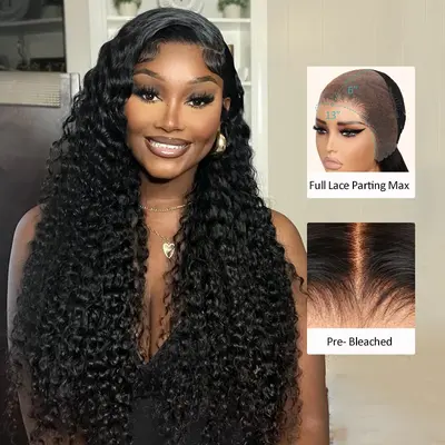 Deep Wave 13x6 Full Transparent Lace Frontal Wig Natural Black Color
