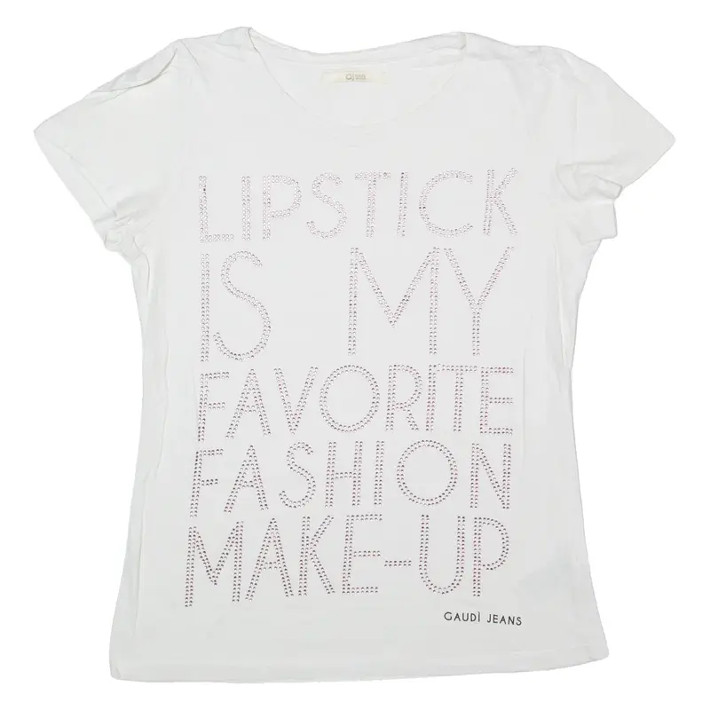 GAUDI Rhinestone Lipstick Is My Favourite Make-Up T-Shirt White Short Sleeve Womens M