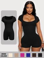 Women's Solid Scoop Neck Skinny Romper, Curvy Basic Casual Short Sleeve Back To School Bodycon Slim Romper for Fall, Lady's F...