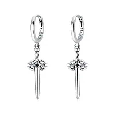 Sterling Silver Circular Shaped Cubic Zirconia Cross & Sword Drop Earrings