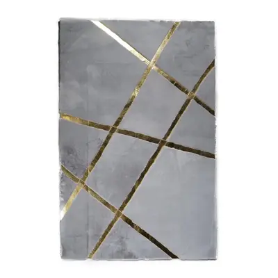 Gray Fur Plush Rug with Gold Stripes