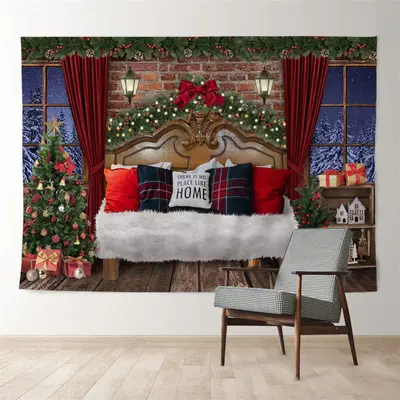 Aperturee Livin Room Deco Tree Red Curtain Xmas Eve Backdrop