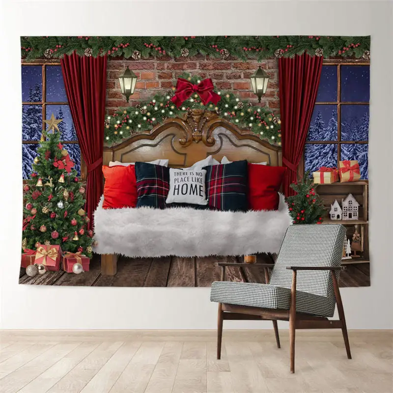 Aperturee Livin Room Deco Tree Red Curtain Xmas Eve Backdrop