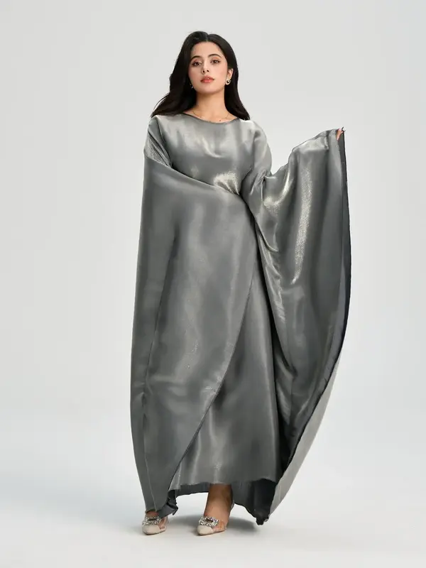 Women's Glitter Batwing Sleeve Abaya with Belt, Modest Long Sleeve Round Neck Abaya for Party Wedding Guest, Ladies Islamic C...