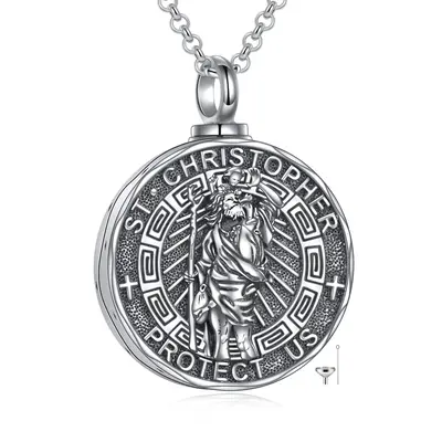 Sterling Silver Saint Christopher Urn Necklace for Ashes with Engraved Word