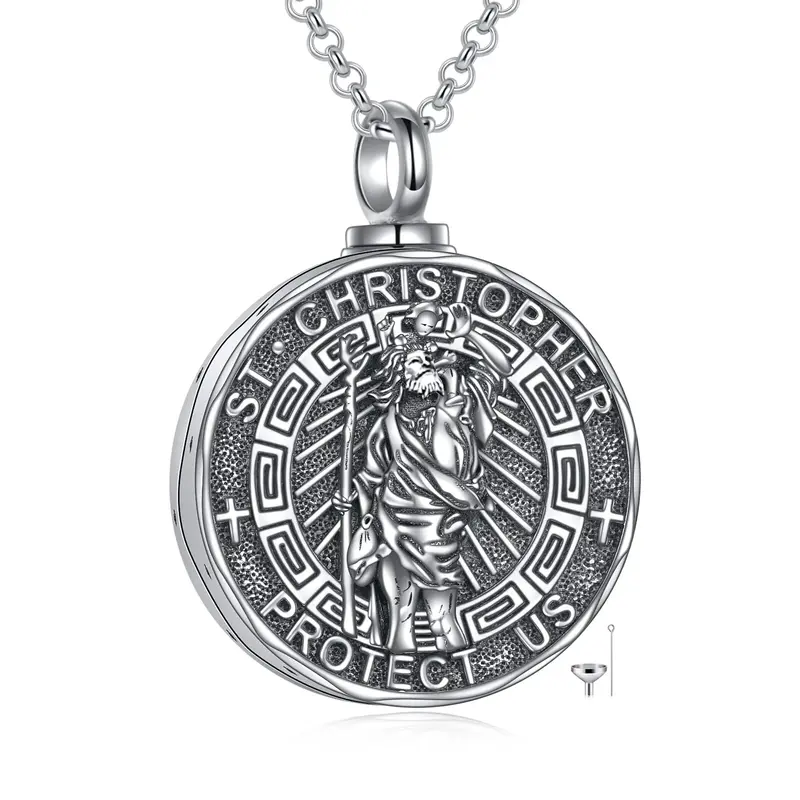 Sterling Silver Saint Christopher Urn Necklace for Ashes with Engraved Word