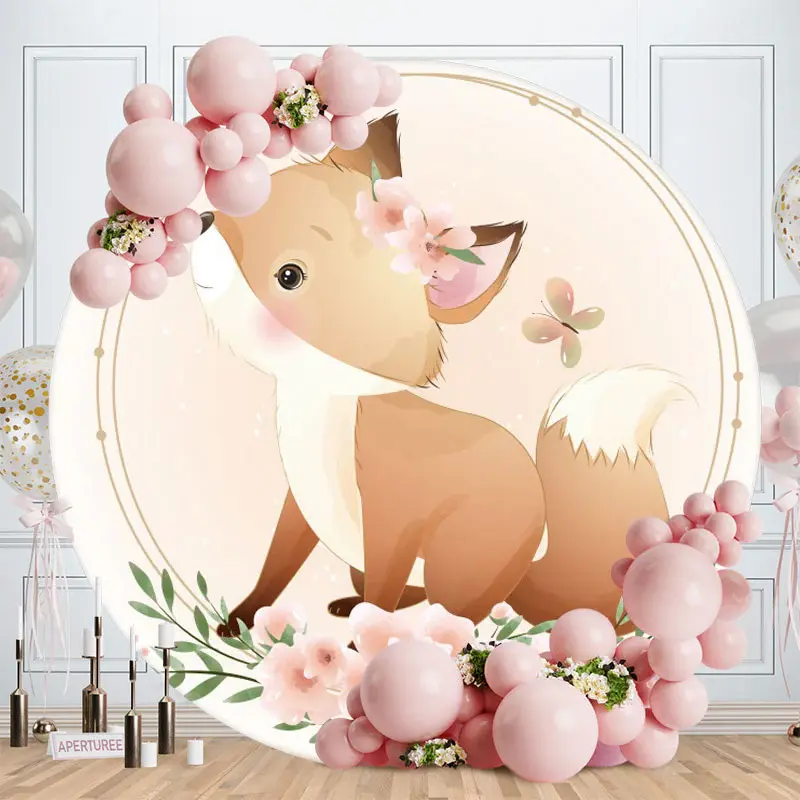 Aperturee Fox And Pink Floral Round Baby Shower Backdrop
