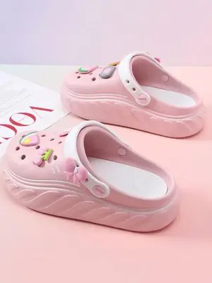 Fashion Casual Trendy Bow Decor Soft Clogs, Girl Comfort Walking Shoes, Fruits & Letter Design Matching Cute Slippers for Vac...