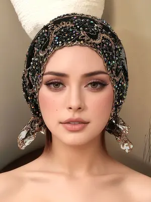 Women's Embroidered Polyester Headscarf Hat, Elastic Breathable Muslim Cap with Rhinestones, Perfect for Chemotherapy Patient...