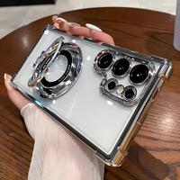 Four-Corner Cushion Shockproof Transparent Electroplated Magnetic Stand Protective Case for Samsung Galaxy S24 S23 S22 S21 Ul...