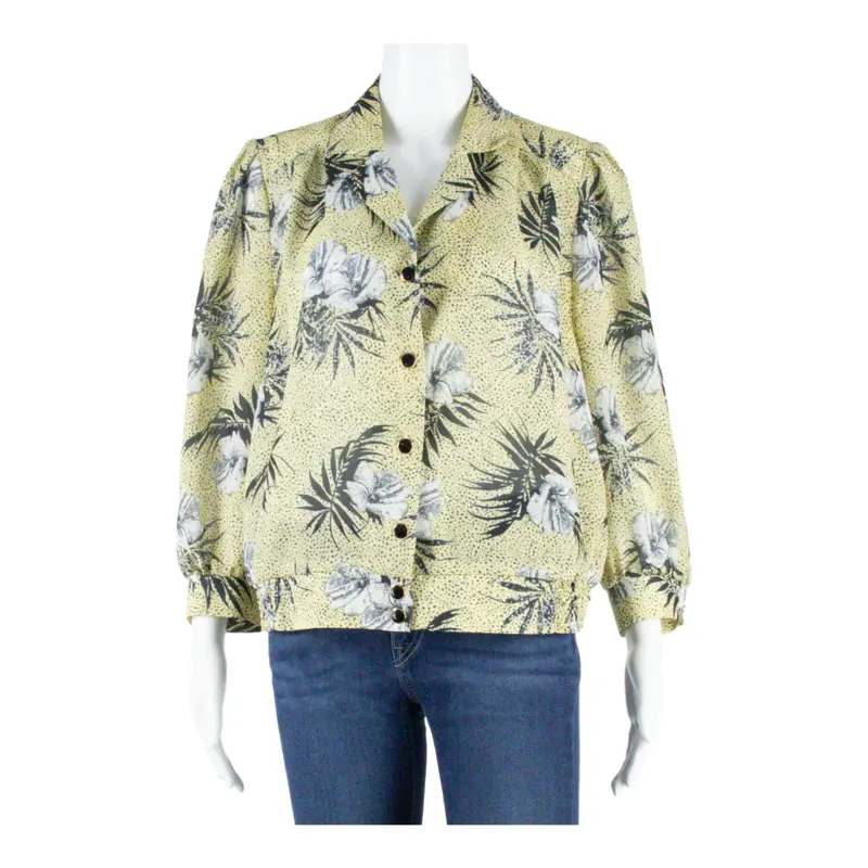 Womens Shirt Blouse Yellow V-Neck 3/4 Sleeve Floral M