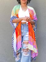 Women's All Over Striped Print Split Hem Batwing Sleeve Kimono, Casual Half Sleeve Open Front Outerwear for Daily Wear, Coats...