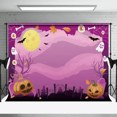 Cute Cartoon Purple Vibe Pumpkin Happy Halloween Backdrop