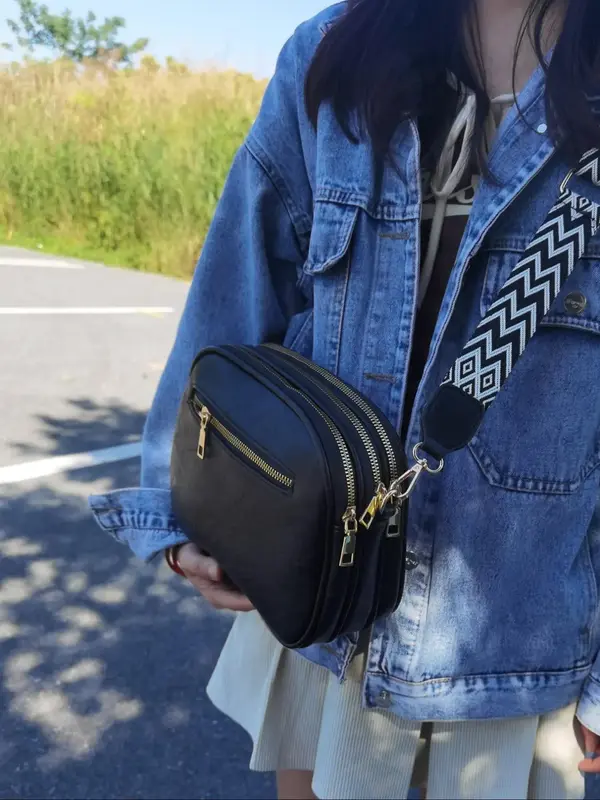 Women's Summer Elegant Minimalist Zipper Crossbody Bag, Trendy PU Leather Crossbody Bag with Ethnic Pattern Strap, All-match ...