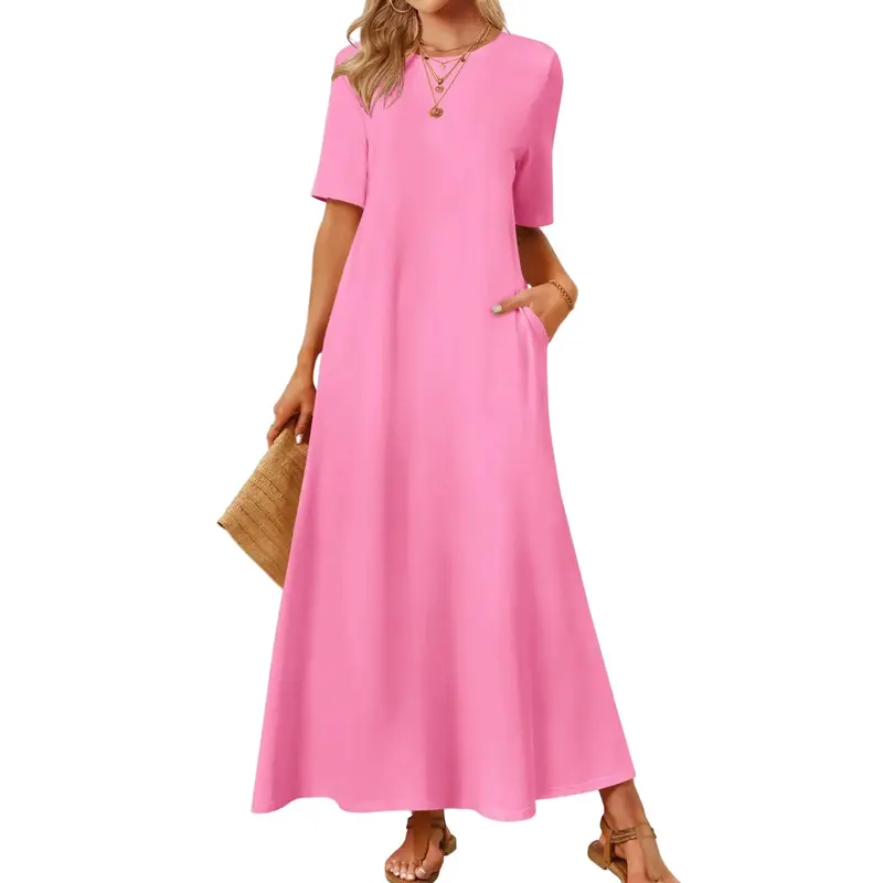 Women's 2025 Spring Summer Casual Maxi Dress Beach Vacation Short Sleeve Crewneck Basic Long T Shirt Dresses