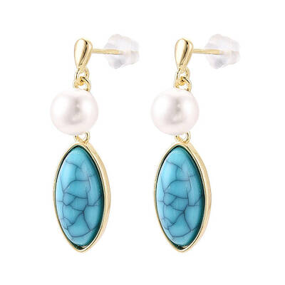 Brass Natural Pearl Dangle Stud Earrings