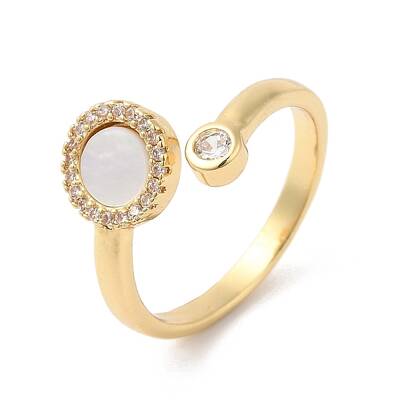 Natural Shell Flat Round Open Cuff Ring with Clear Cubic Zirconia