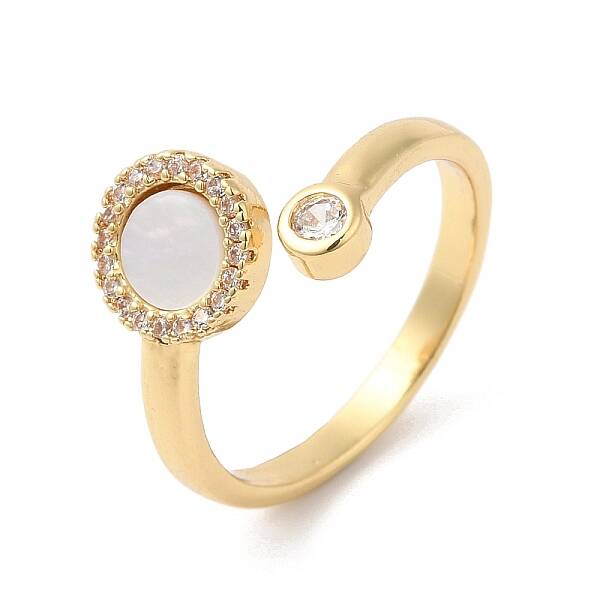 Natural Shell Flat Round Open Cuff Ring with Clear Cubic Zirconia