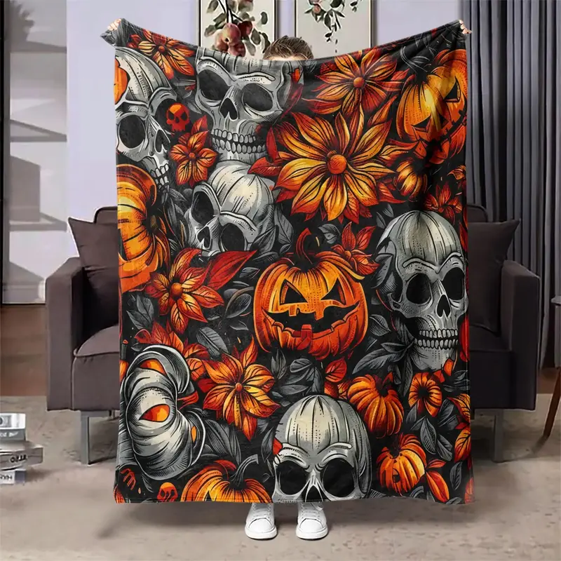 Skull & Pumpkin Pattern Blanket, 1 Count Soft Warm Nap Throw Blanket, Air-conditioned Room Blanket for Home Office Travel Cam...
